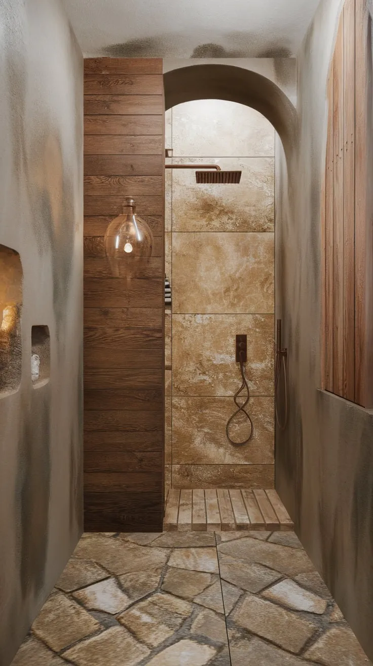 A minimalist modern bathroom boasts organic textures like stone tile floors, textured walls, and a wood-accent shower.