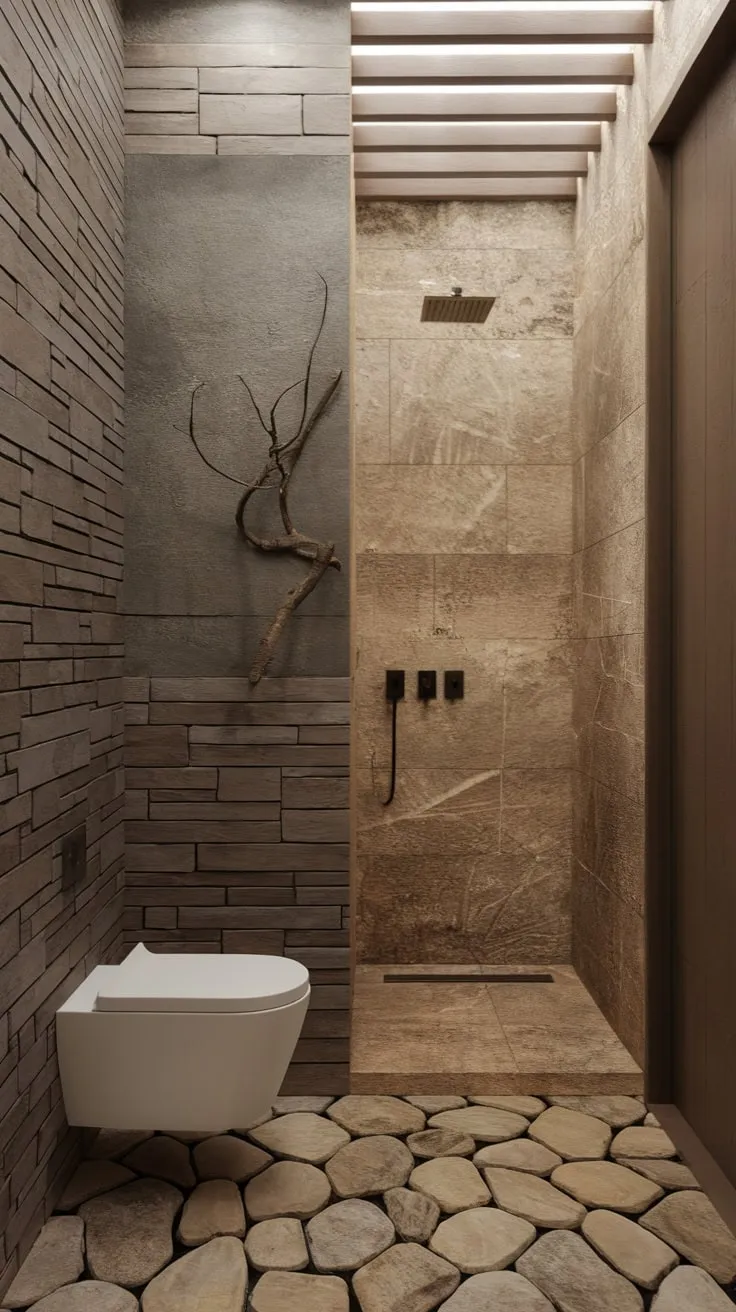 Natural stone and wood create a serene and compact organic haven in this modern bathroom.