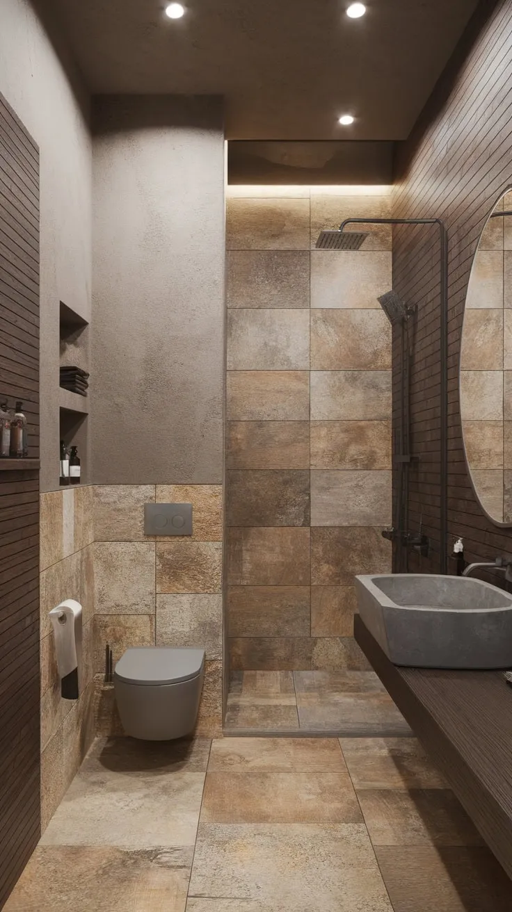 A tranquil modern bathroom blends natural stone and wood for a minimalist yet organic sanctuary.