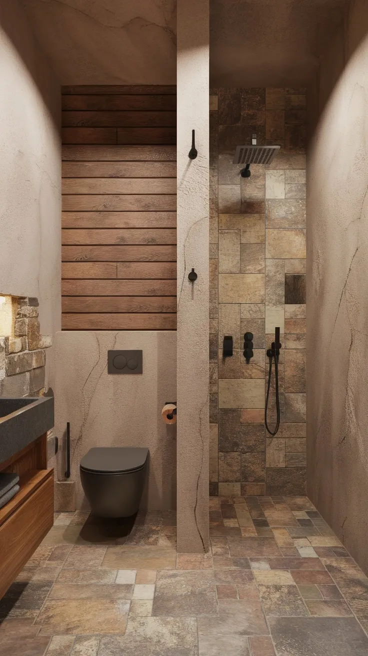 A minimalist modern bathroom boasts organic textures like stone tile, wood accents, and travertine shower walls in a compact yet luxurious design