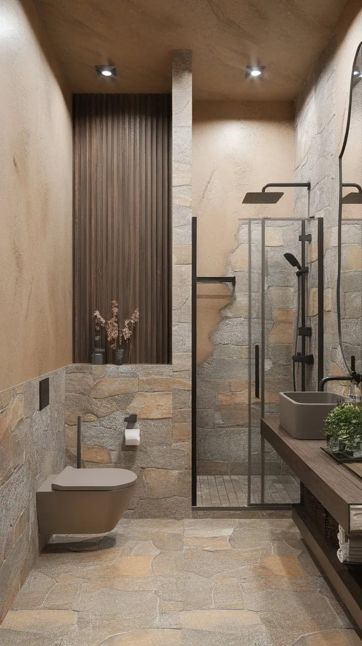A minimalist modern bathroom features organic stone textures, wood accents, and a glass-enclosed shower, creating a serene spa-like atmosphere