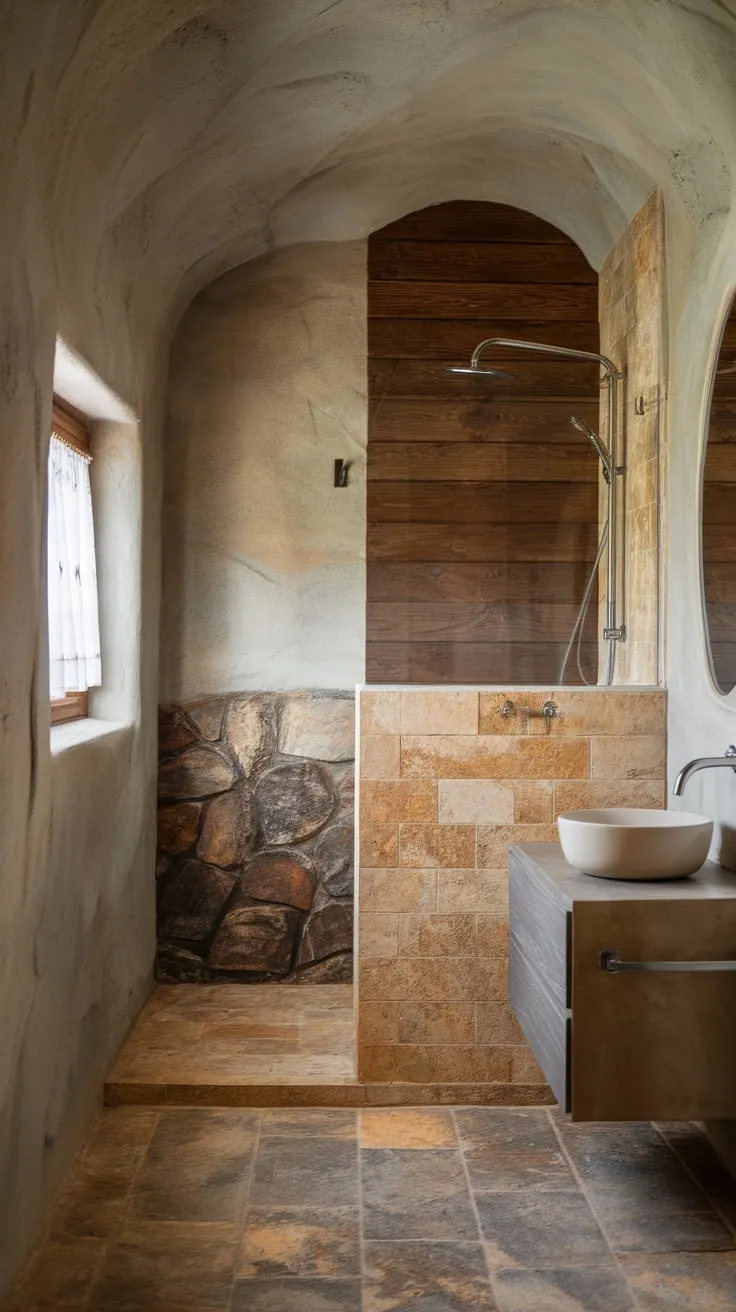 A minimalist modern bathroom boasts organic stone and wood textures, a walk-in shower, and a floating vanity, creating a small yet luxurious space.