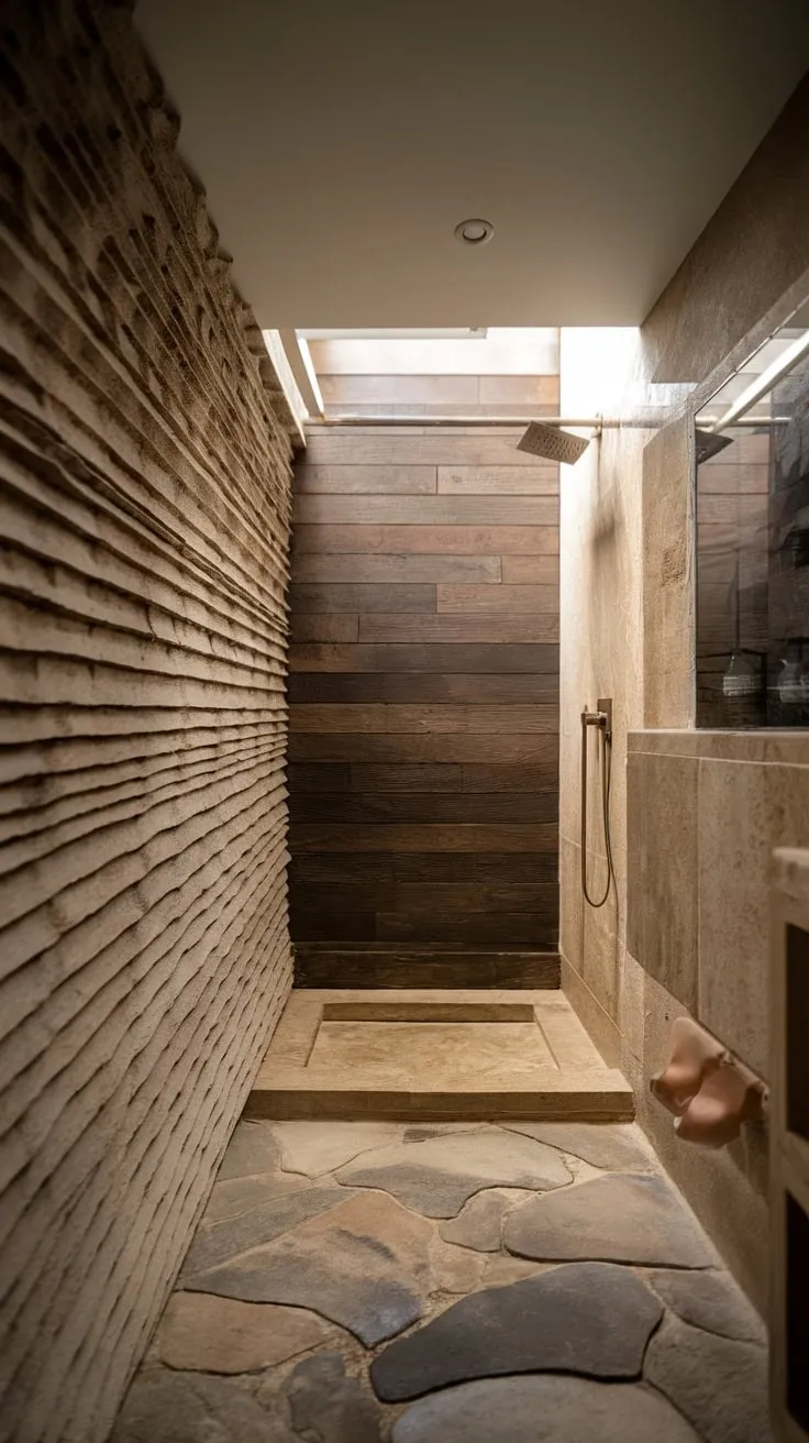 Natural stone and wood accents define this compact, modern organic bathroom's calming design.