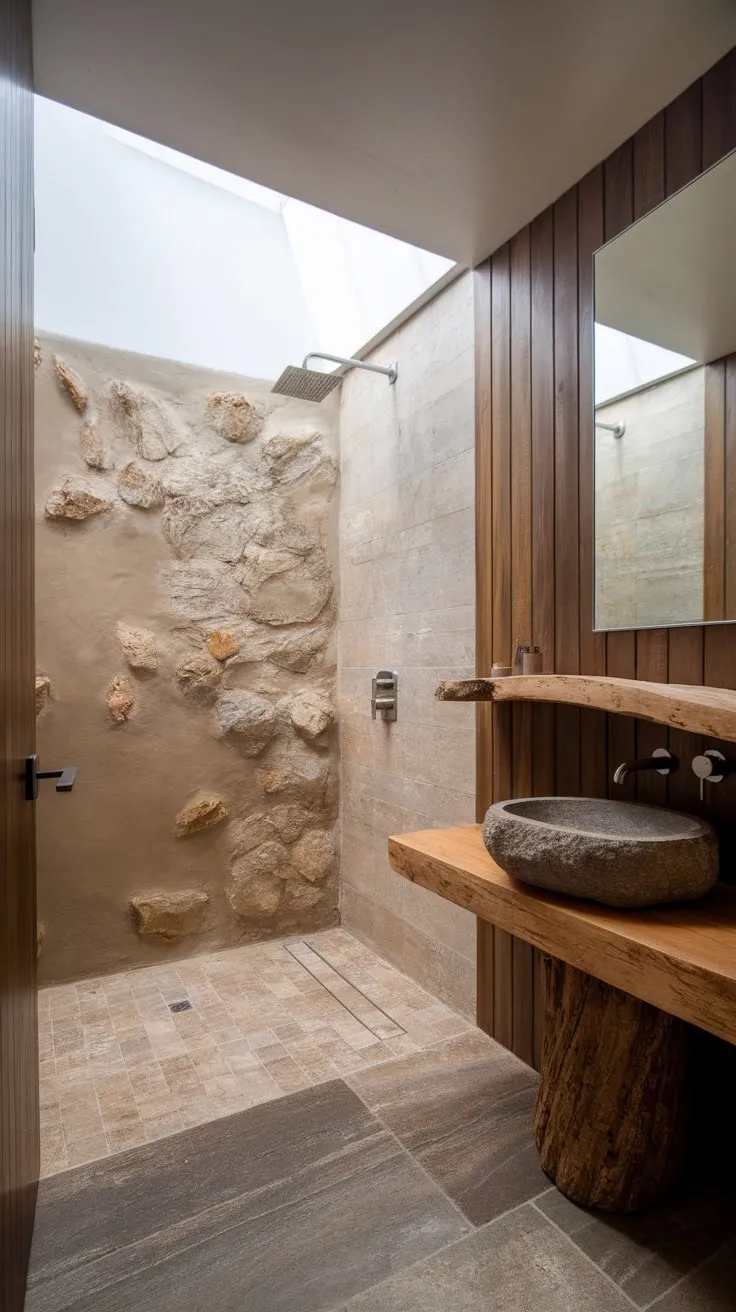 Natural textures and minimalist design create a serene modern organic bathroom sanctuary