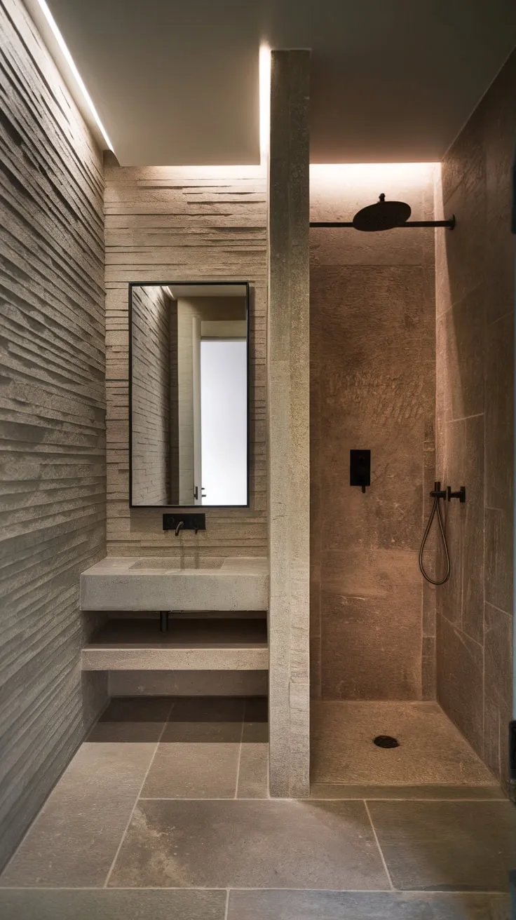 A small, spa-like bathroom boasts a modern design using natural materials for a calming atmosphere.