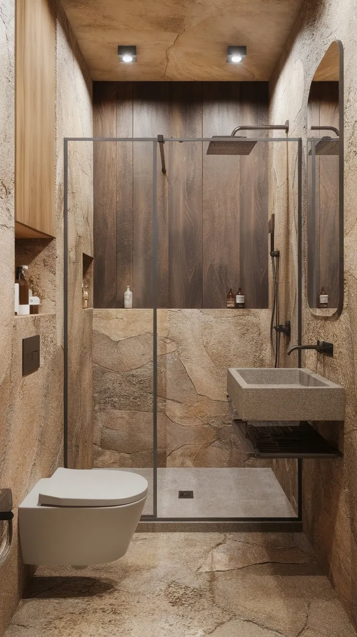 Organic materials and a small footprint define this stylish, modern bathroom with a travertine stone shower.