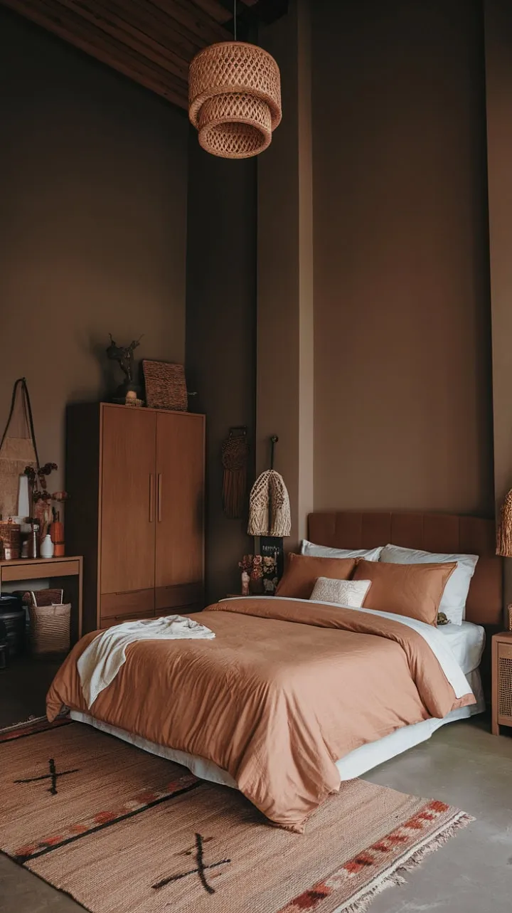 This fall-inspired bedroom blends a soothing neutral palette with warm browns and natural textures, crafting a sophisticated sanctuary for ultimate relaxation.