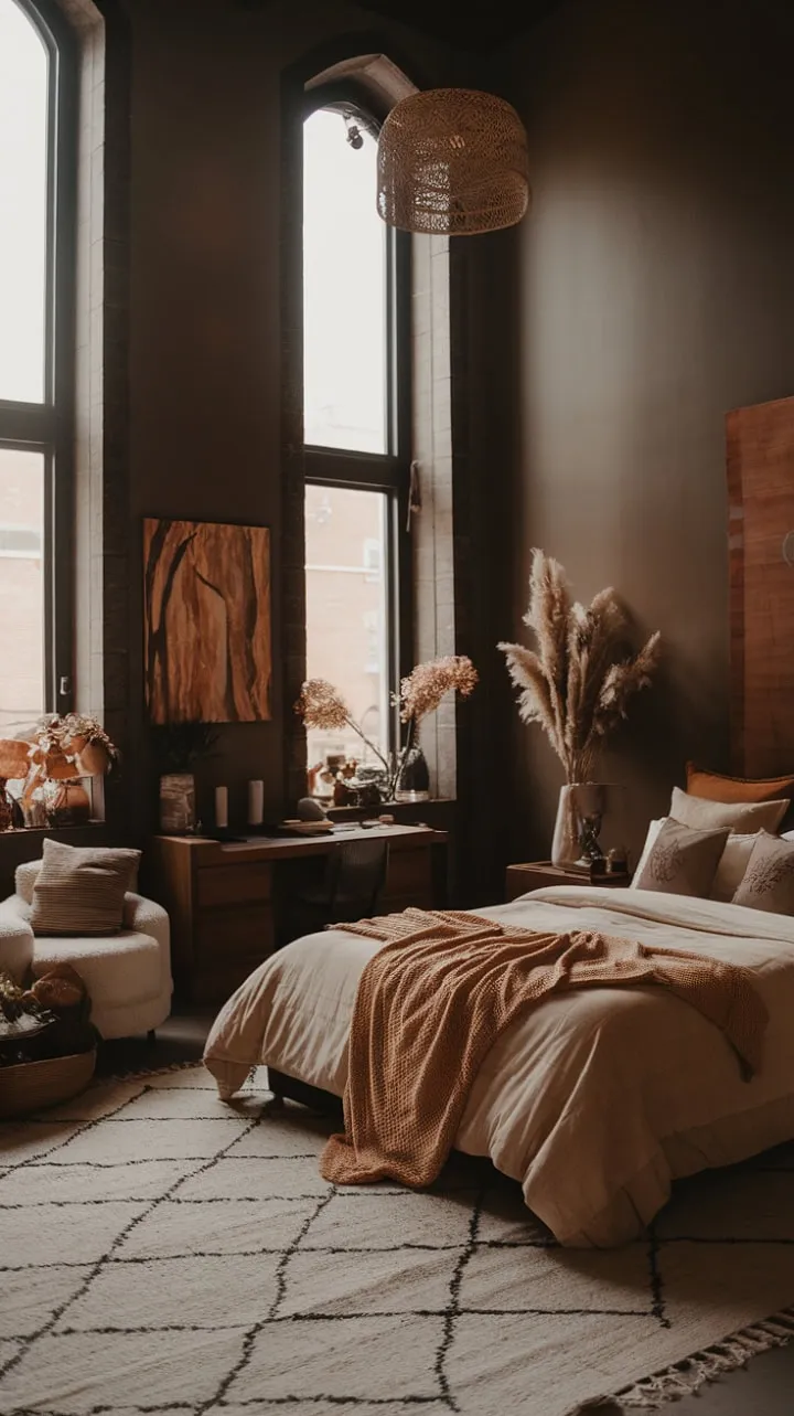 This boho modern bedroom, adorned with deep earthy tones and natural textures, offers a chic autumnal retreat that radiates warmth and tranquility.