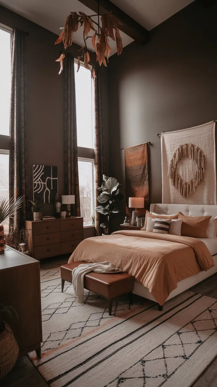 This modern earthy bedroom blends autumnal hues and organic forms against rich grey walls, creating a serene sanctuary of effortless elegance.