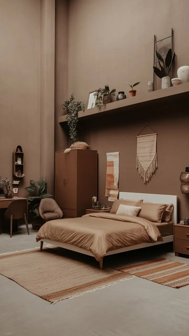 This serene modern bedroom blends earthy tones and boho chic elements to create a tranquil sanctuary of effortless style.