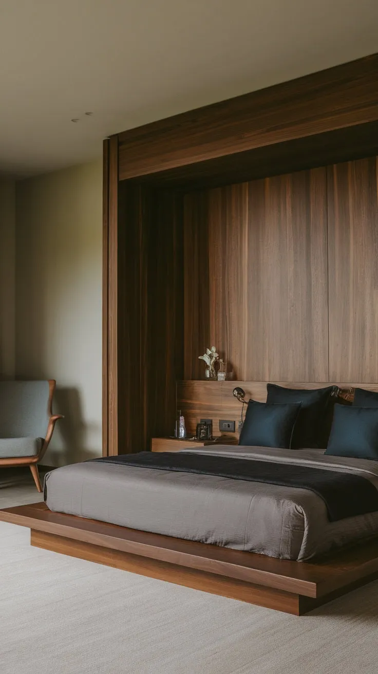A low-slung dark wood bed anchors a calming modern organic bedroom, complemented by muted tones and minimal wooden furniture.