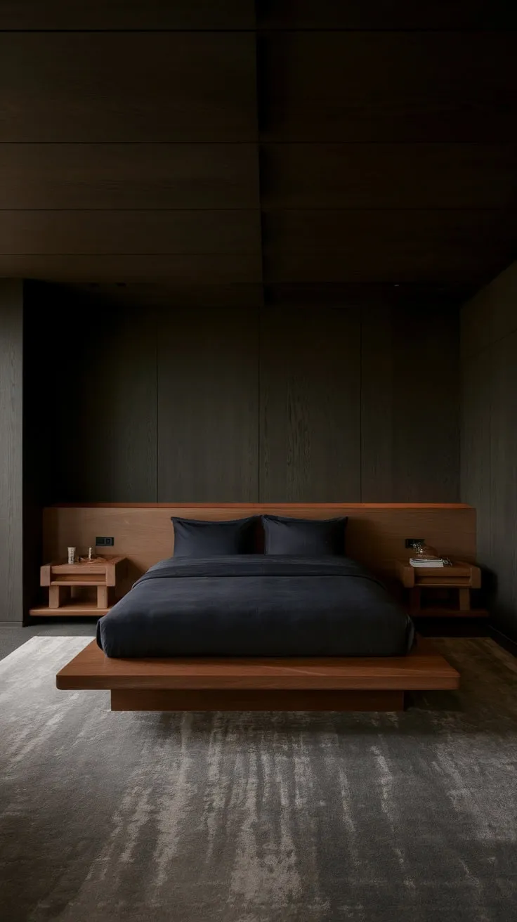 Warm lighting illuminates a sophisticated, dark-wood modern organic bedroom featuring a low bed and calming blue tones