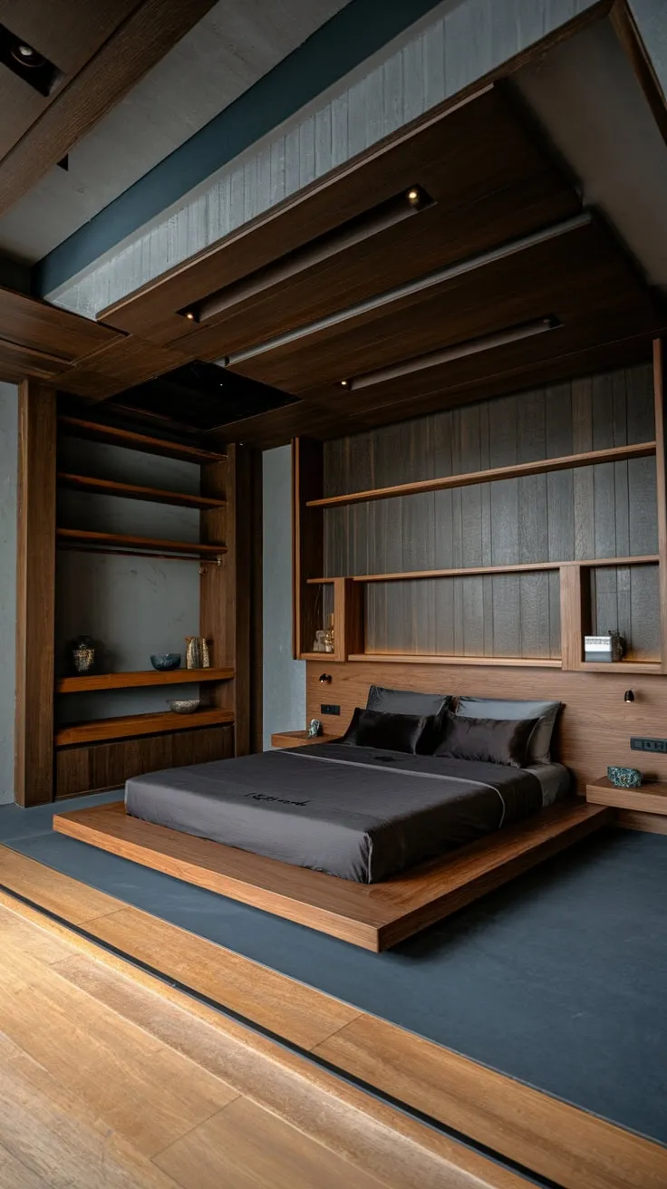 A 2024-inspired modern organic bedroom features dark wood walls and ceiling, a low bed with dark bedding, and light wood floors creating a sophisticated gray and dark blue sanctuary.