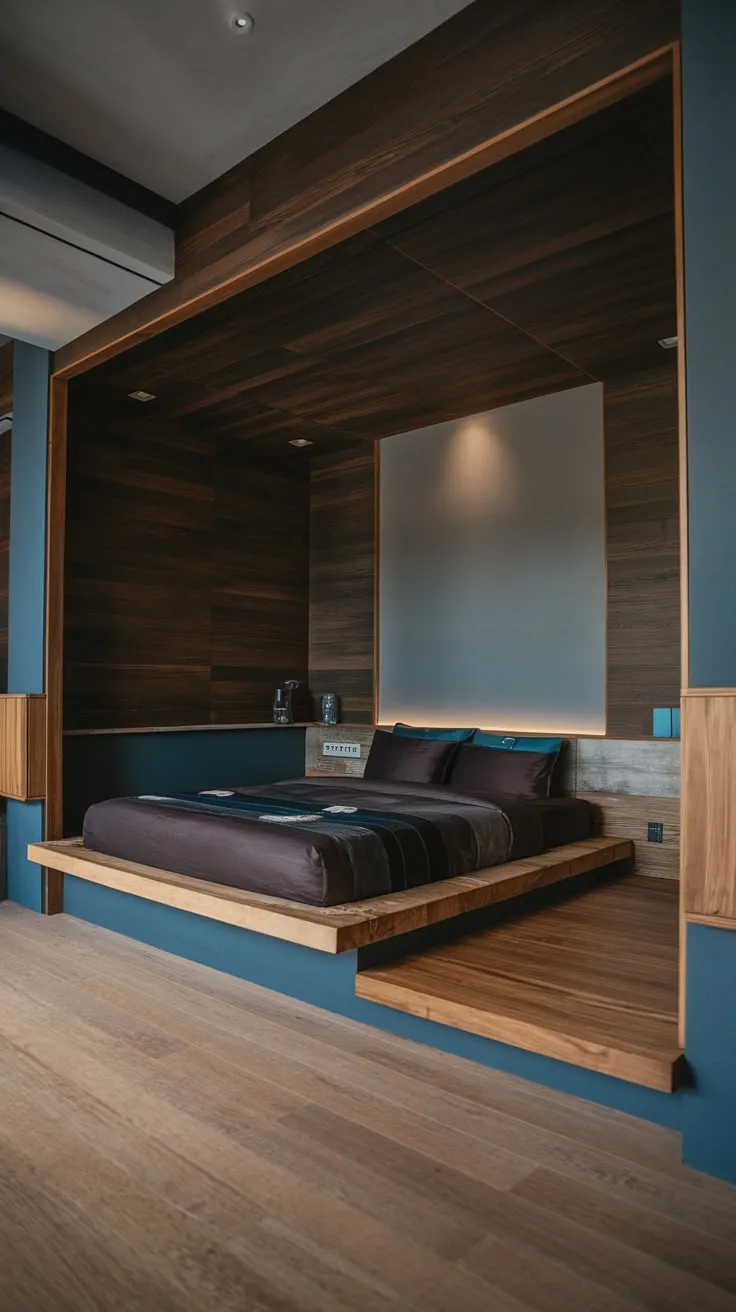 A low-slung bed and dark wood walls create a calming, modern organic bedroom sanctuary with soft lighting and a contrasting light wood floor.