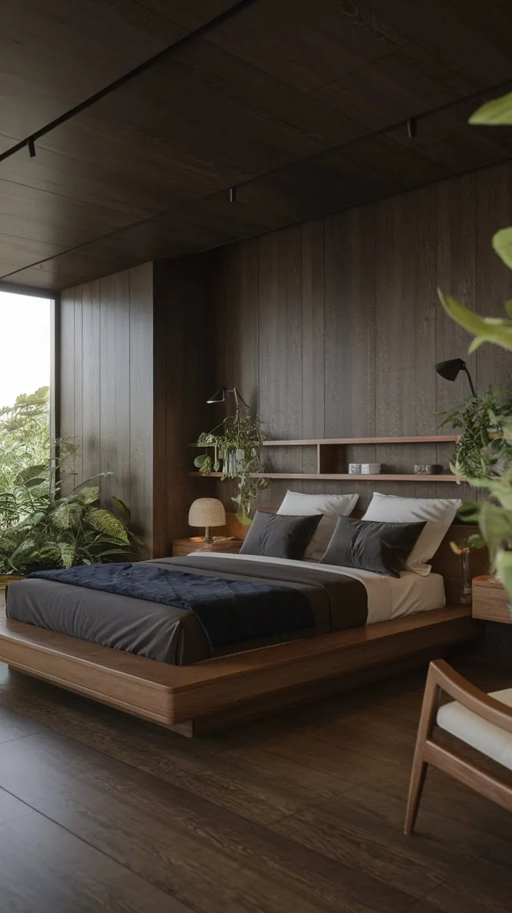 A low dark-wood bed, moody gray-blue bedding, and natural wood accents create a calming modern organic bedroom sanctuary