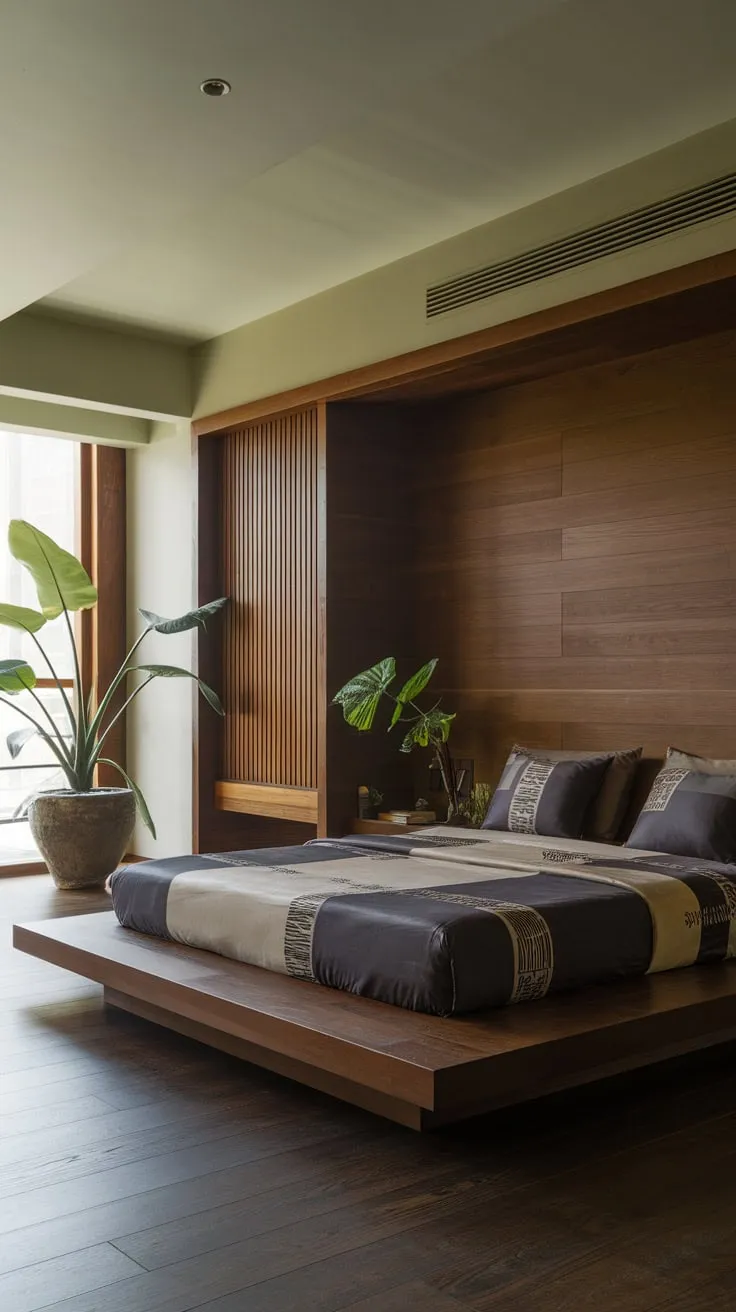 Dark wood floors and a minimalist wooden shelf complete the calming, natural aesthetic of this modern organic bedroom.