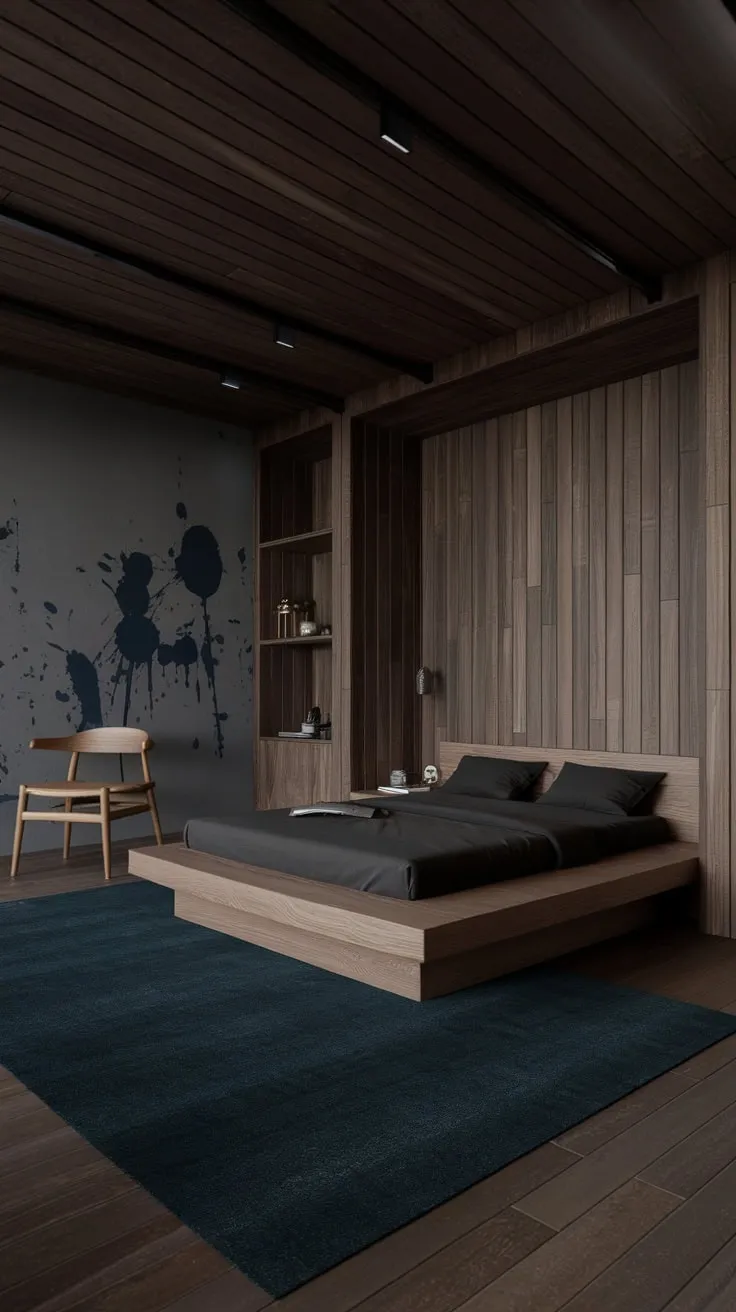 A dimly lit modern organic bedroom features dark wood walls, ceiling, and floor, accented by gray and dark blue, creating a cozy and sophisticated space.