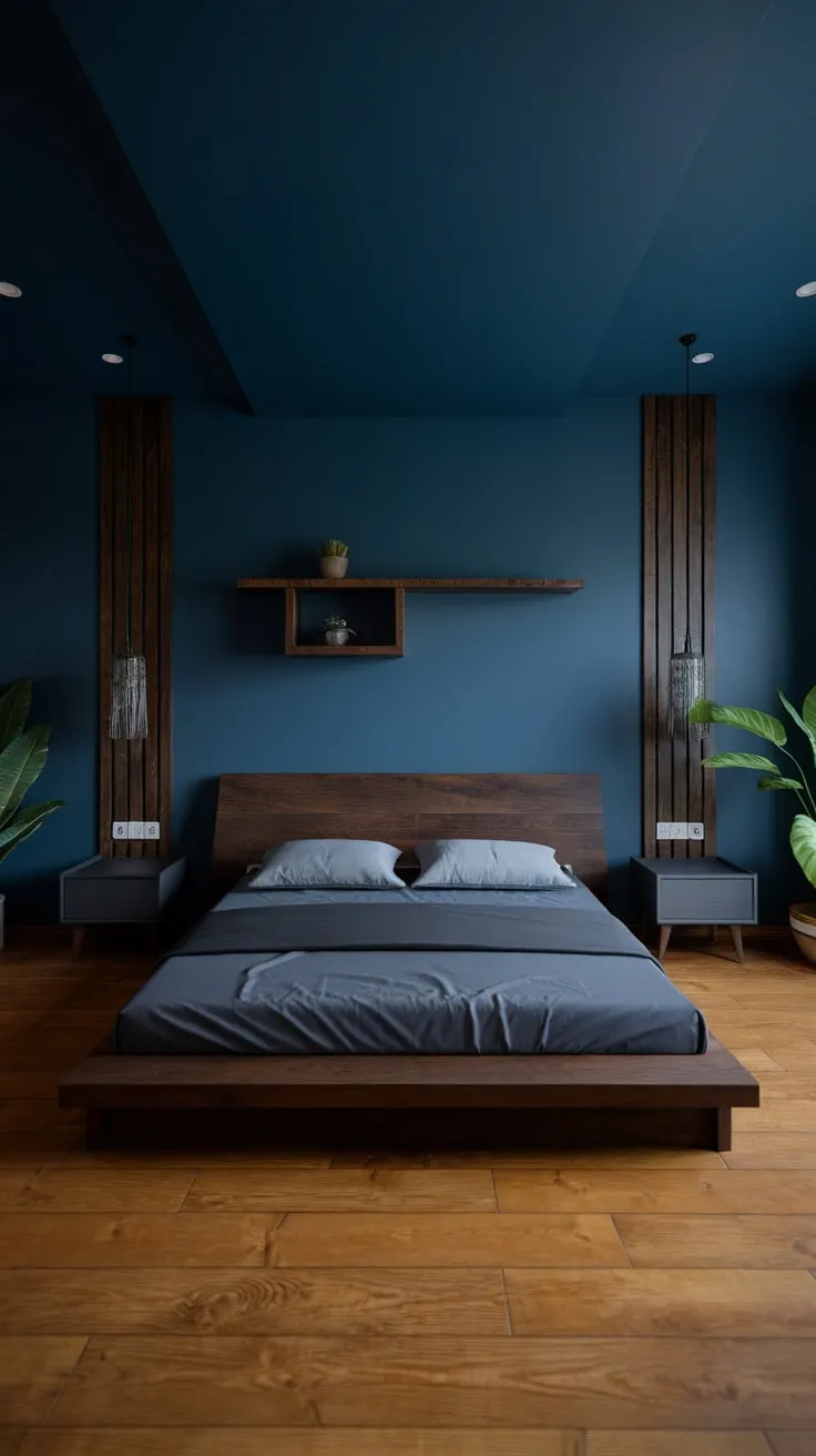 A low dark-wood bed anchors a sophisticated modern organic bedroom, its dark blue walls and wooden floors creating a calming sanctuary.