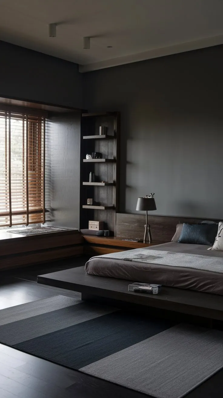 A dark wood low bed anchors a modern organic bedroom, its gray walls and moody rug complemented by wooden shelves and natural light filtering through wooden blinds