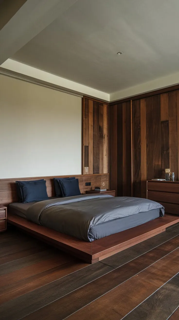 A low-profile dark wood bed anchors a modern organic bedroom, its dark bedding and wooden furniture creating a calming, natural atmosphere