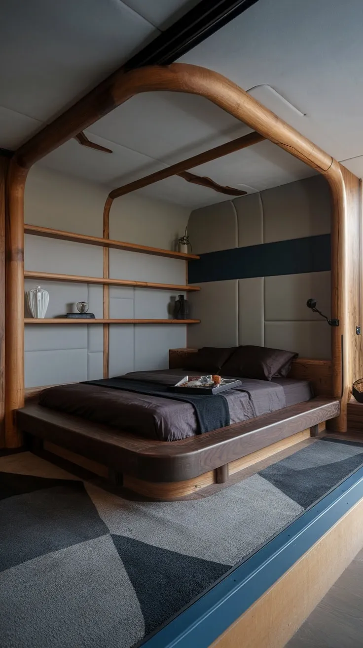 Dark wood and moody tones create a sophisticated, organic sanctuary in this modern bedroom design reflecting 2024 trends.