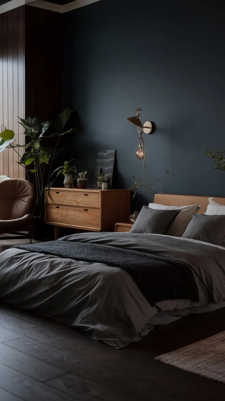 Dark gray bedding and natural wood accents create a serene modern organic bedroom sanctuary.