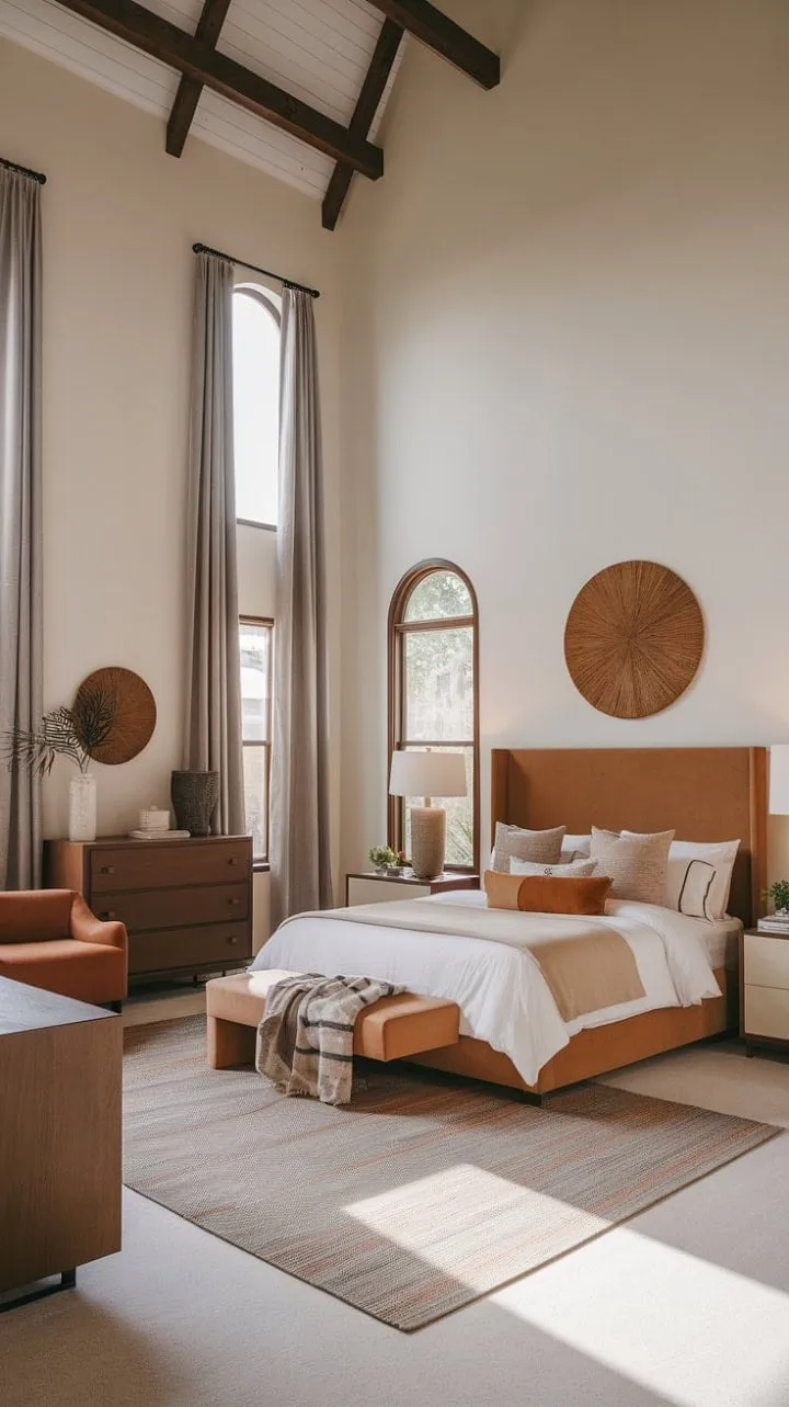 Sunlight bathes the serene bedroom in warmth, where earthy tones and rich wood create a calming fusion of modern and bohemian chic.