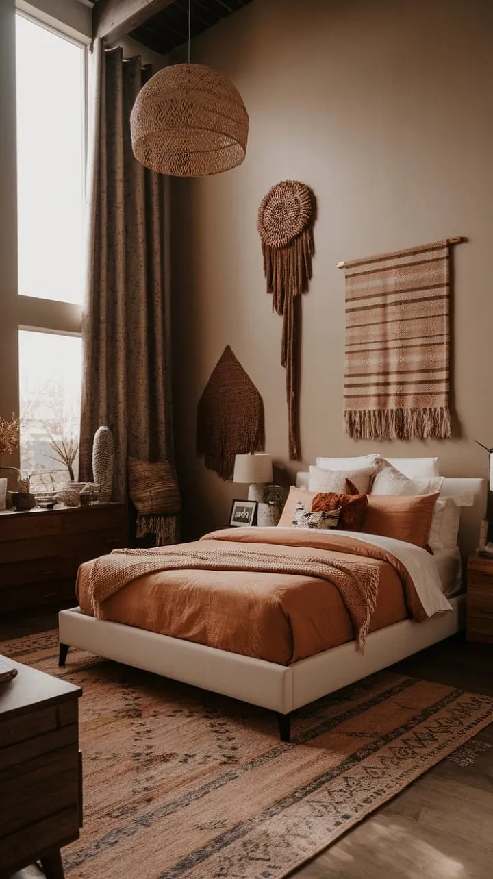 This modern boho bedroom blends a soothing neutral palette with warm autumnal accents, creating a sophisticated retreat that exudes comfort and personality.