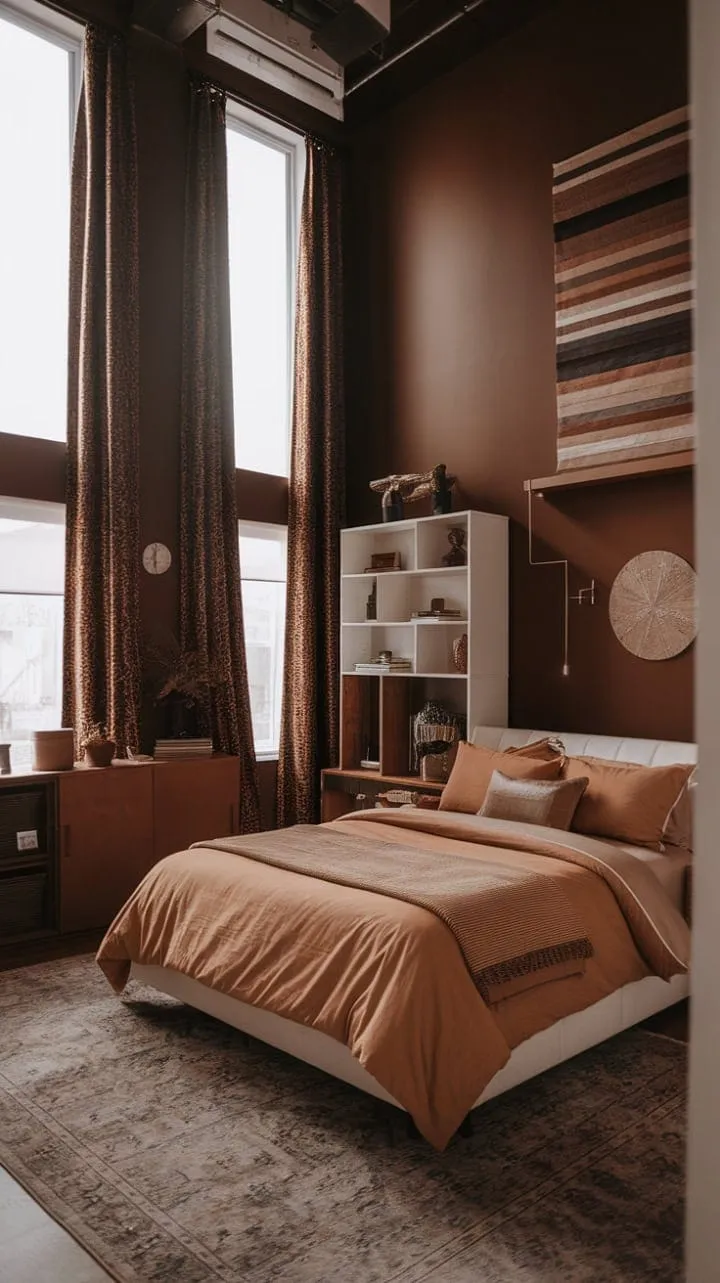 This serene apartment bedroom blends tall ceilings and earthy tones with boho-chic details, creating a sophisticated sanctuary of tranquility.