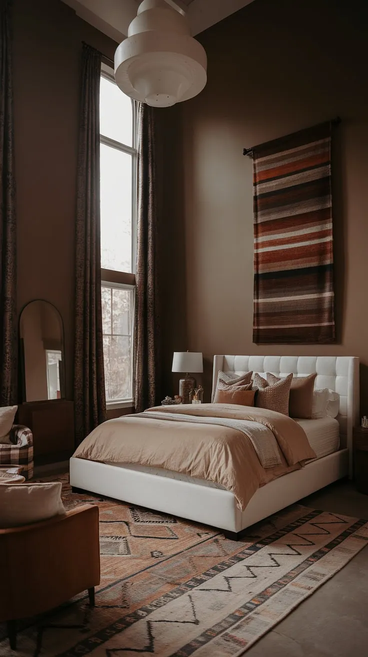 This organic modern bedroom showcases a white bed with tan master bedding, brown furniture, and a moody color palette, creating a boho modern chic vibe perfect for fall-inspired interior design.