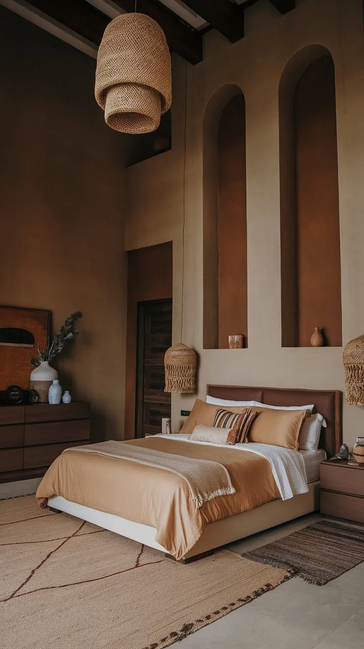 Featuring earthy elements and modern neutral tones, this bedroom decor combines a white bed, tan bedding, and brown furniture to create a stylish boho modern chic space with tall ceilings and cozy rugs.