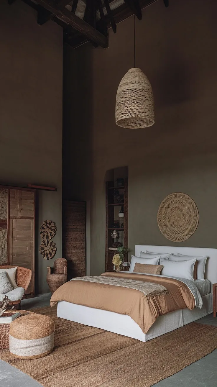 An organic modern bedroom with tall ceilings showcases tan master bedding, brown furniture, and boho chic decor, all set against moody walls for a modern earthy vibe.