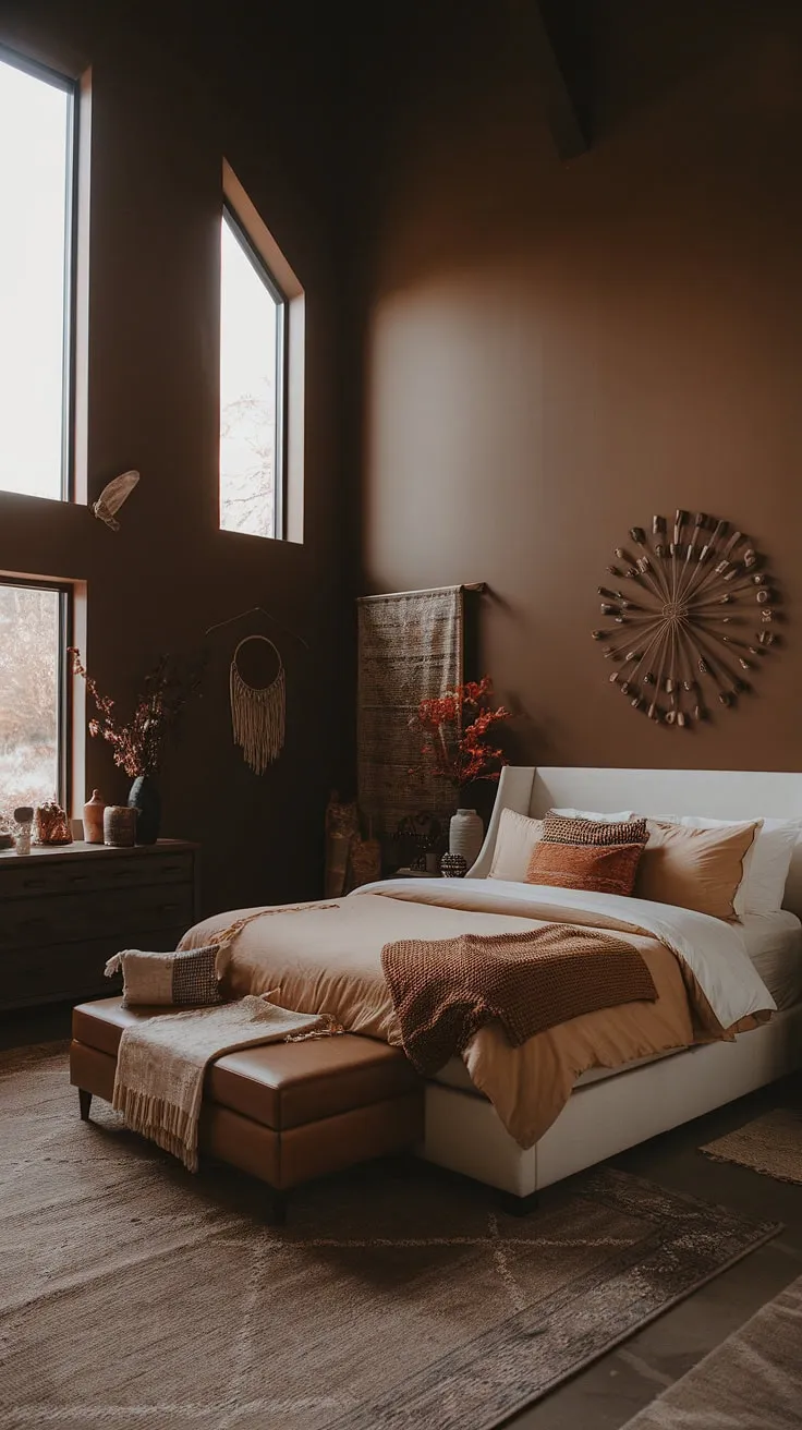 This organic modern bedroom showcases a white bed with tan master bedding, brown furniture, and earthy decor, all enhanced by tall ceilings and moody colors for a boho modern chic vibe.