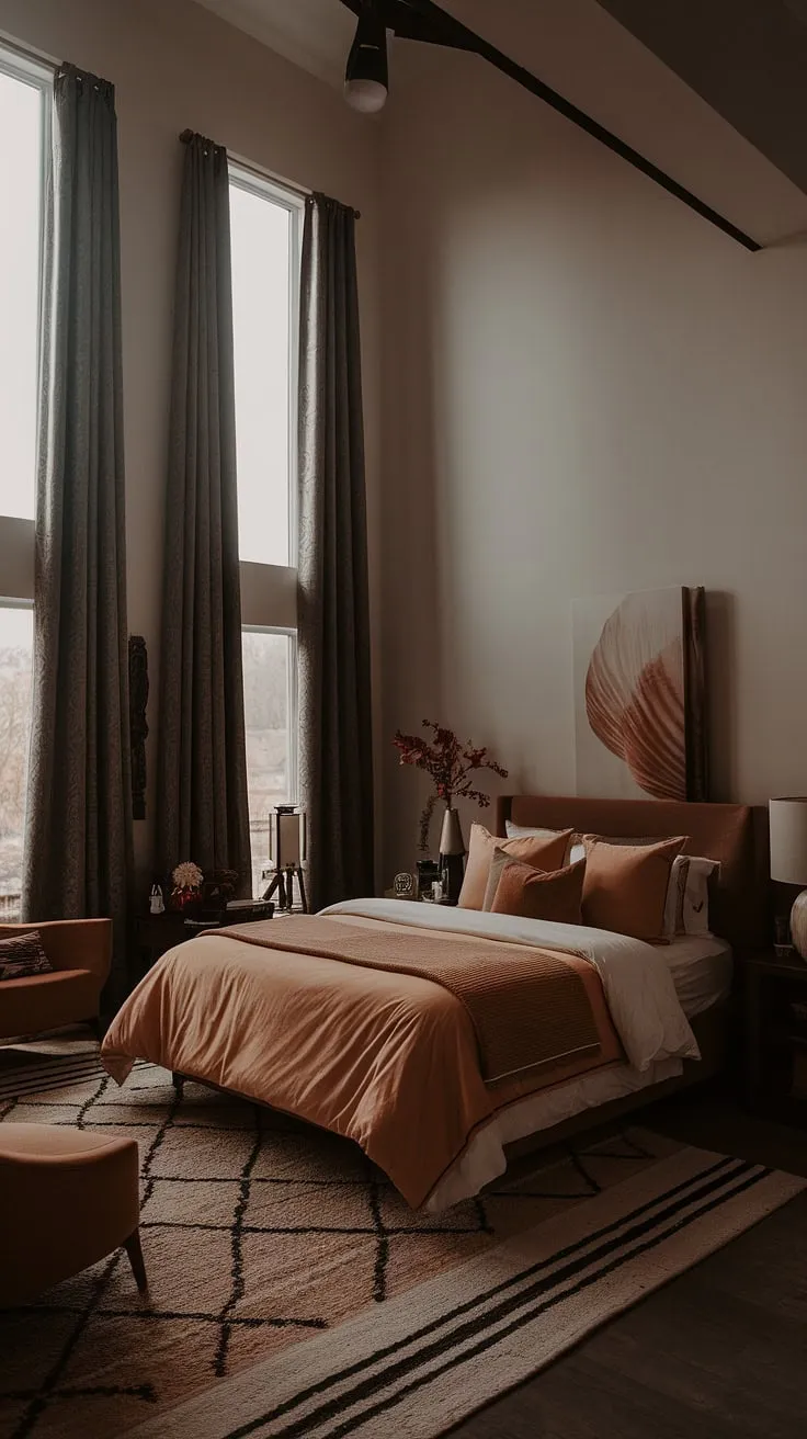 With its modern earthy apartment decor, including a white bed, tan accents, and stylish rugs, this bedroom showcases a perfect blend of white bedroom ideas and a cozy fall vibe.