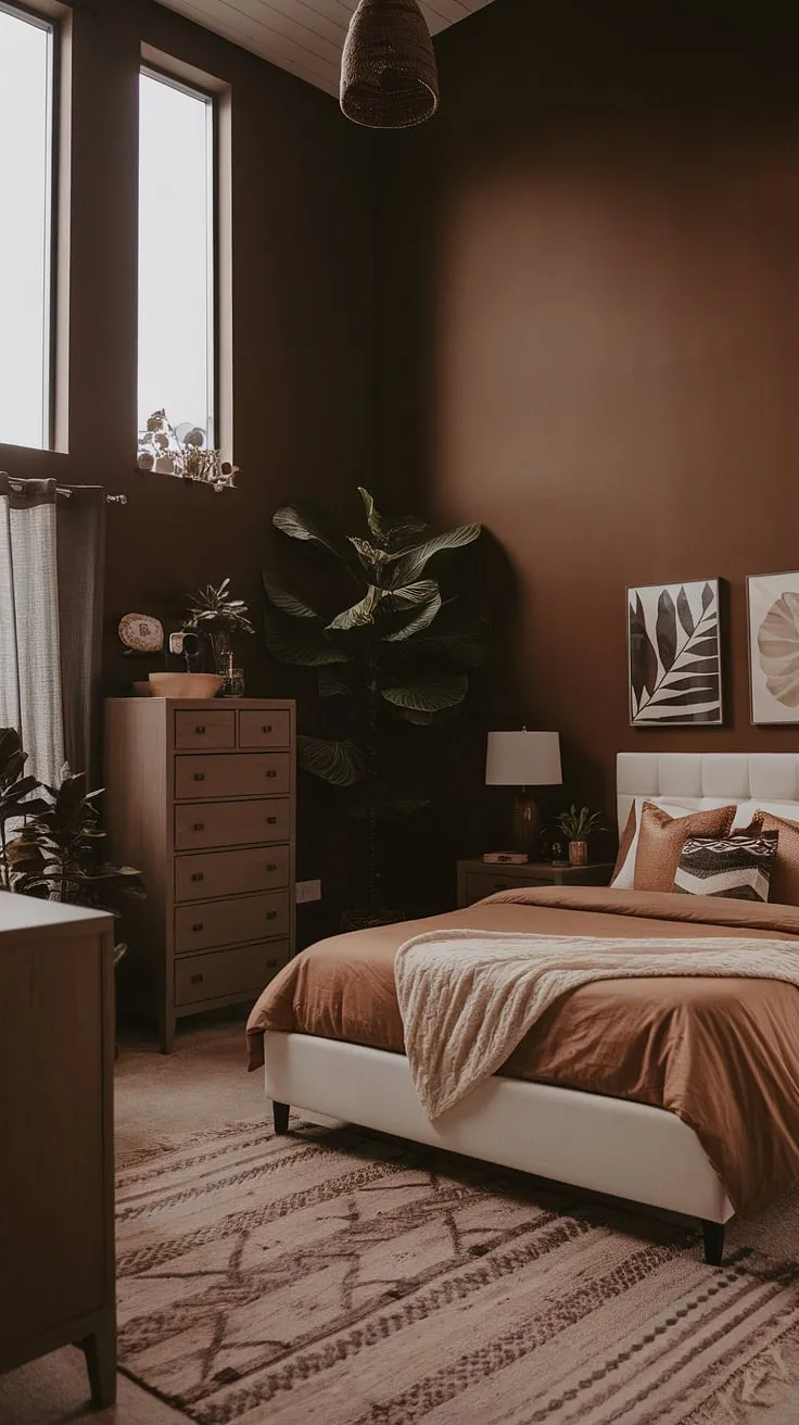This moody earthy bedroom showcases a boho modern chic vibe with tall ceilings, tan master bedding on a white bed, brown furniture, and modern neutral decor, perfect for fall-inspired interior design.