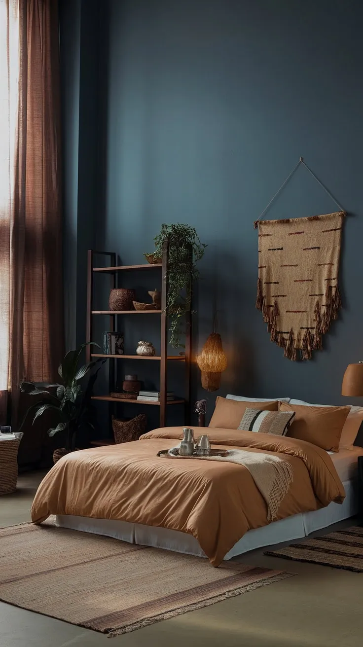 With its moody blue walls and modern neutral decor, this fall-inspired bedroom showcases a perfect blend of tan bedding, brown furniture, and stylish rugs for a cozy yet sophisticated atmosphere.