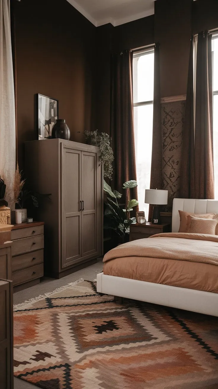 This organic modern bedroom showcases a moody earthy vibe with tall ceilings, a white bed adorned with tan master bedding, brown furniture, and boho modern chic decor, perfect for fall-inspired interior design.