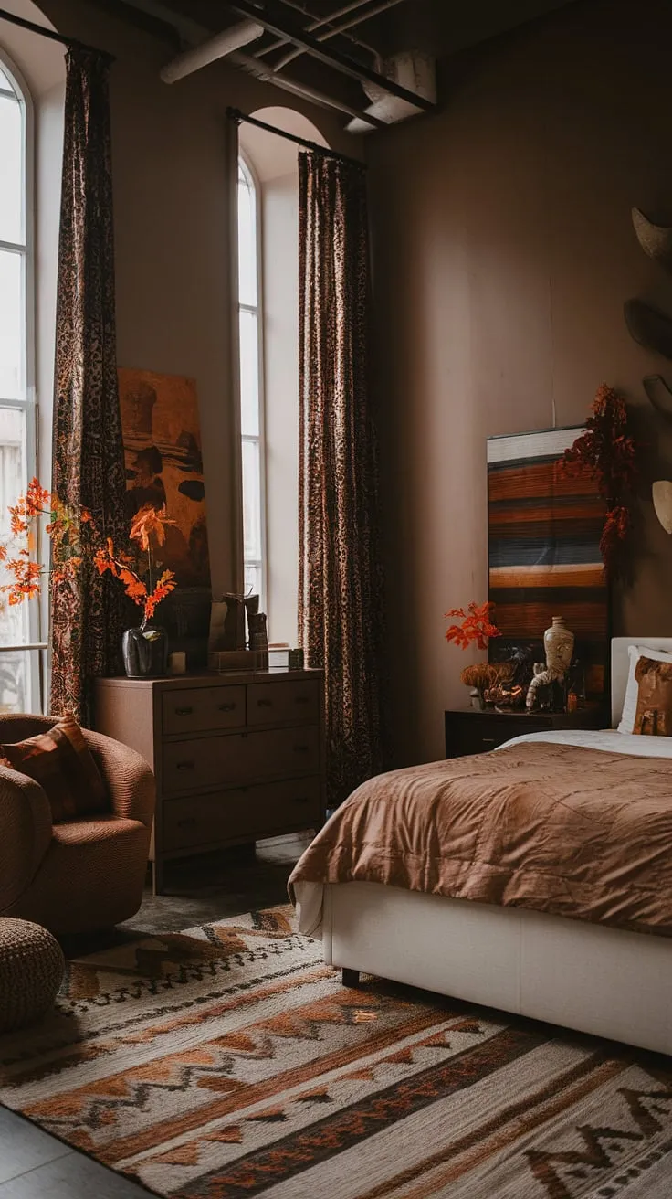 This modern earthy apartment showcases a moody bedroom with tall ceilings, featuring a white bed adorned with tan master bedding, complemented by brown furniture and boho modern chic decor for a stylish fall-inspired interior.