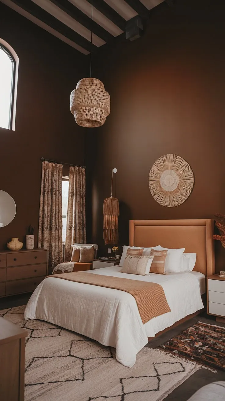 Featuring a white bed and rugs that complement the tan and brown accents, this fall-inspired interior design captures the essence of a modern neutral master room.