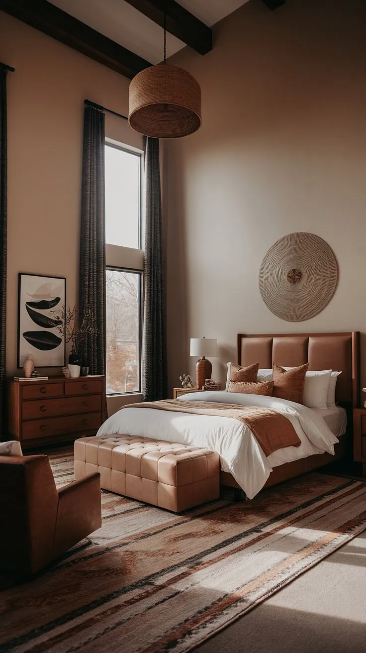 Featuring a moody atmosphere, this modern neutral master room combines white bedroom ideas, earthy accents, and cozy rugs for a stylish and inviting space.