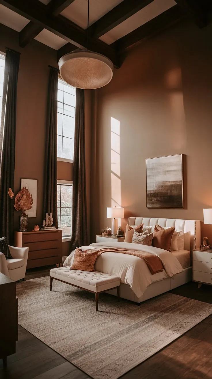 An organic modern bedroom with tall ceilings showcases tan master bedding, brown furniture, and a white bed, creating a boho modern chic vibe with fall-inspired decor and moody ambiance.