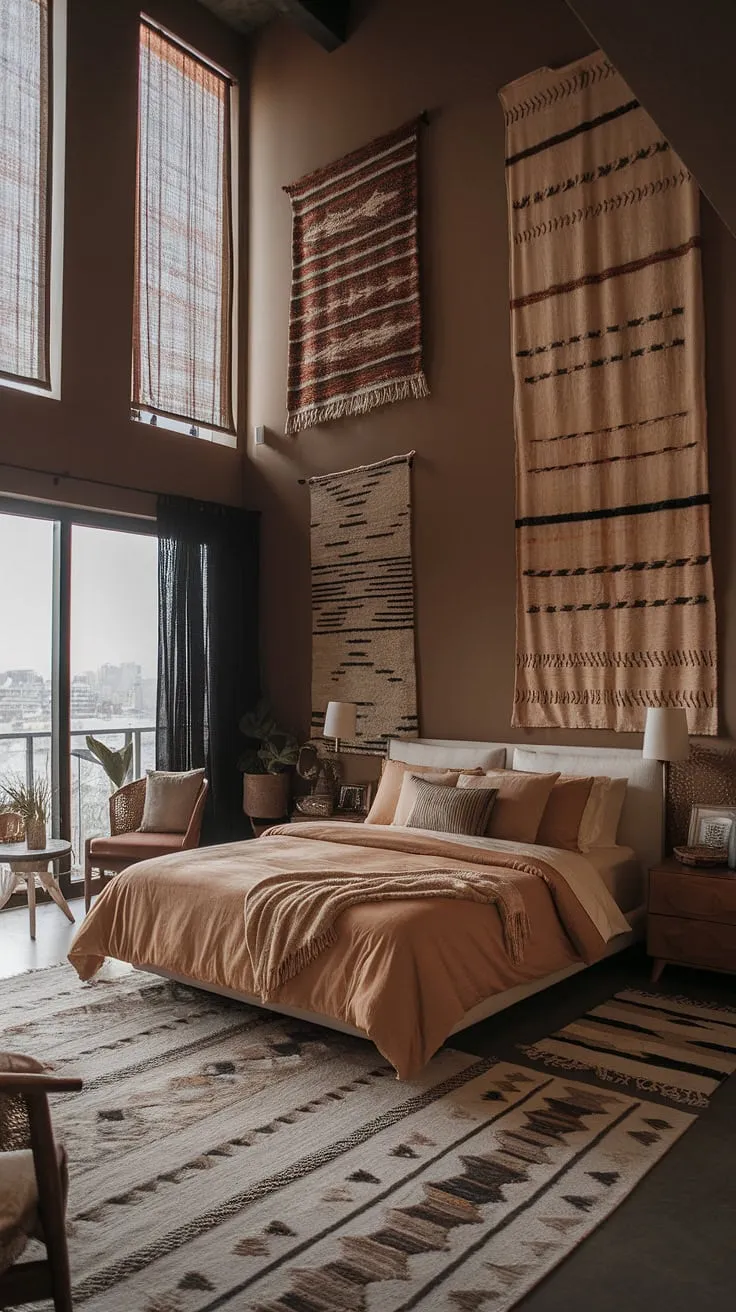 The organic modern bedroom combines tan master bedding, a white bed, and brown furniture with rugs and earthy tones, creating a stylish boho modern chic vibe in a space with tall ceilings.