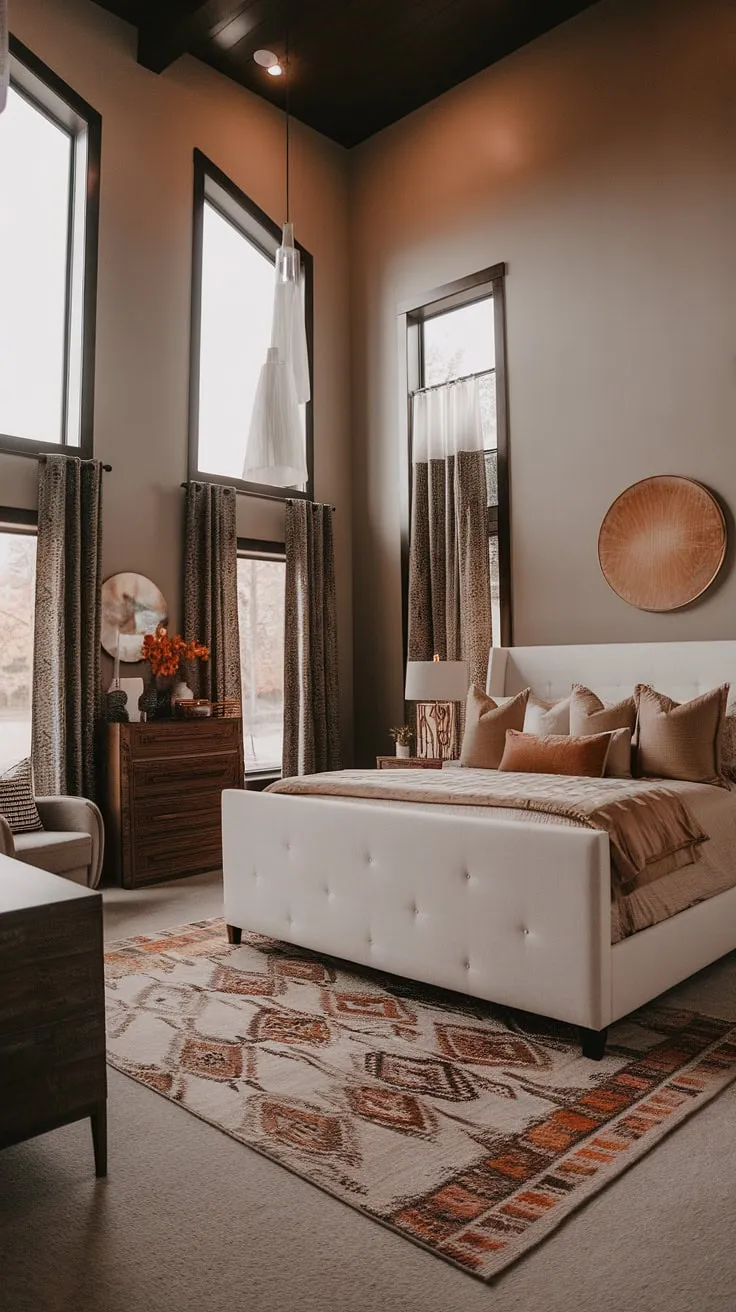 This modern earthy apartment decor showcases a moody boho modern chic bedroom with tall ceilings, featuring a white bed adorned with tan master bedding, complemented by brown furniture and stylish rugs for a fall inspired interior design.