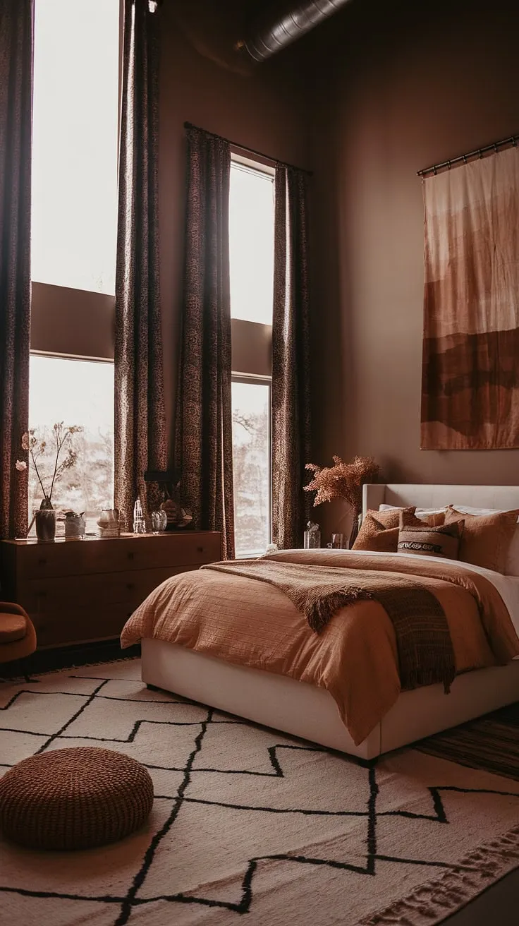 Featuring tall ceilings and a moody vibe, this modern earthy apartment decor blends tan master bedding on a white bed with brown furniture and boho chic elements for a stylish fall-inspired bedroom.