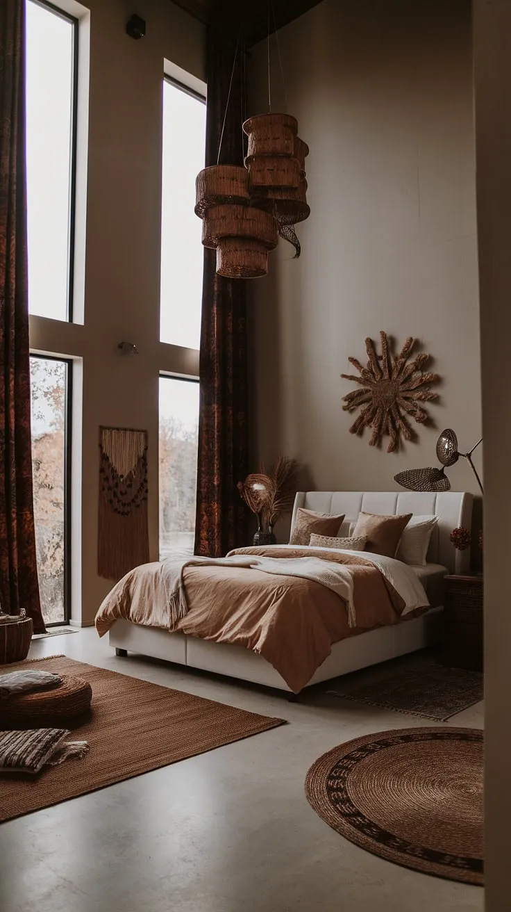 Featuring tall ceilings and a moody ambiance, this organic modern bedroom blends tan master bedding, brown furniture, and boho chic decor for a cozy fall-inspired retreat.