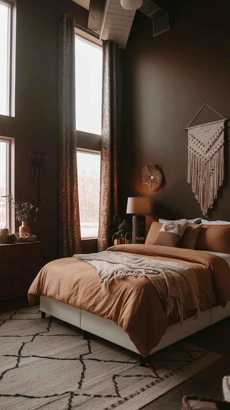 With its earthy aesthetic, this modern neutral master room showcases a white bed, tan bedding, and brown furniture, complemented by boho chic accents and a cozy fall-inspired vibe.