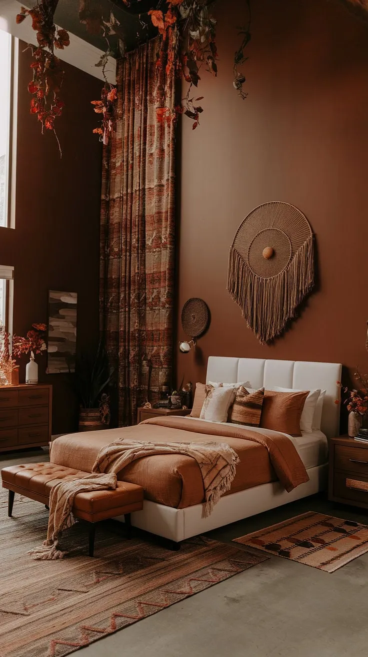 Featuring a moody color palette, this modern neutral master room blends tan bedding, brown furniture, and stylish rugs for a cozy yet sophisticated atmosphere.