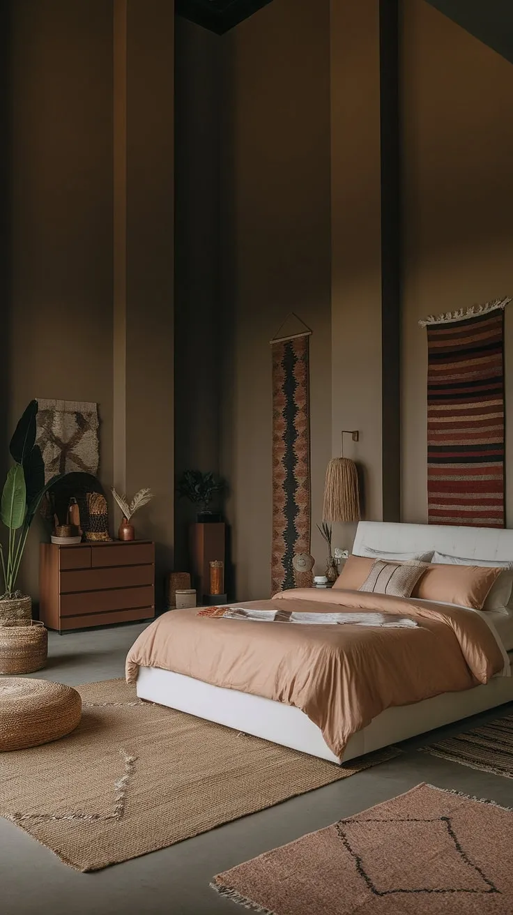 This organic modern bedroom showcases a white bed with tan master bedding, complemented by brown furniture and boho chic decor, all set against moody walls and tall ceilings for a stylish fall-inspired interior.