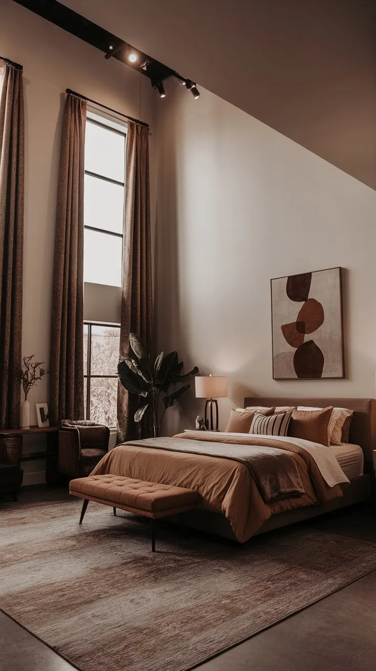 This organic modern bedroom showcases tan master bedding and brown furniture against white walls, creating a moody atmosphere perfect for fall-inspired interior design.