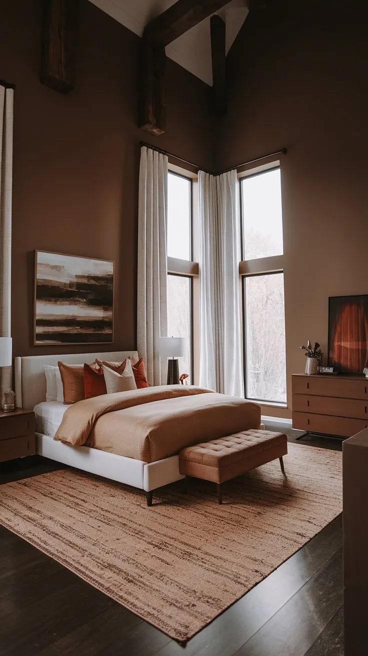 With earthy elements, a tan area rug, and white curtains, this modern neutral master room showcases stylish white bedroom ideas and cozy rugs for a chic, inviting atmosphere.